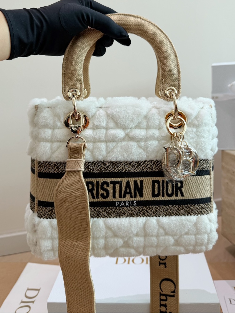 Dior White & Beige Plush Tote Bag with Logo Band